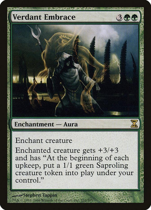 A Magic: The Gathering card from the Time Spiral series titled "Verdant Embrace [Time Spiral]." It depicts a cloaked figure embraced by a glowing, ethereal creature in front of large, luminescent mushrooms. This enchantment grants a creature +3/+3 and generates a 1/1 Saproling token each upkeep, costing 3 green mana and 2 colorless mana to play.