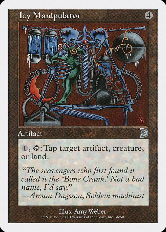 The "Icy Manipulator [Deckmasters]" card from Magic: The Gathering is an impressive artifact, showcasing Amy Weber's depiction of a Bone Crank machine adorned with skeletal gears and chains. This uncommon card grants players the ability to "tap" artifacts, creatures, or lands, enriched by flavor text attributed to Arcum Dagsson.