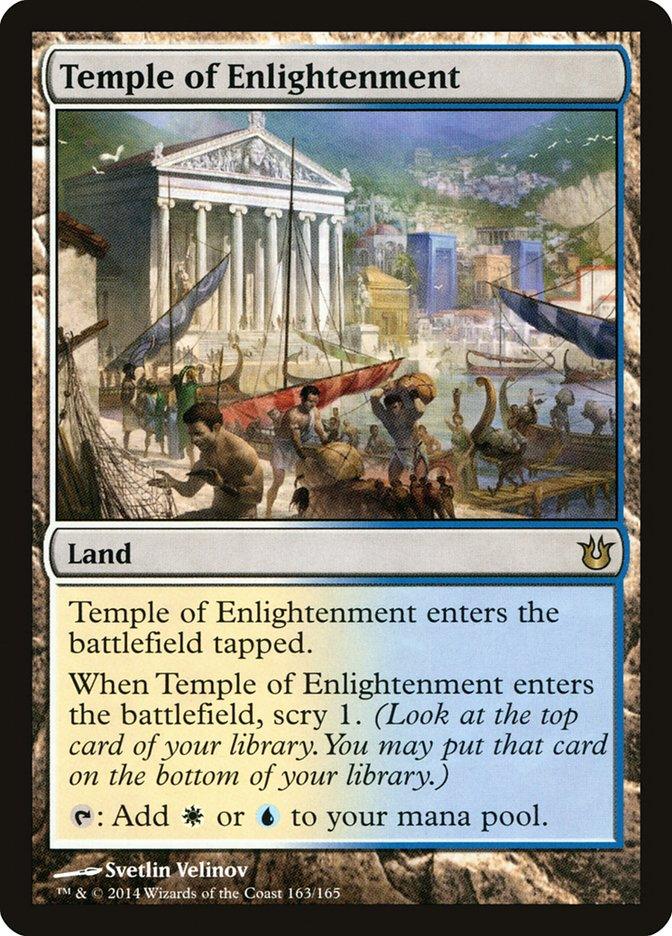 A Magic: The Gathering card from Born of the Gods titled "Temple of Enlightenment [Born of the Gods]." This land card's illustration features an ancient temple with columns, surrounded by a bustling harbor scene with boats and people. It enters the battlefield tapped, lets you scry 1, and adds either white or blue mana.