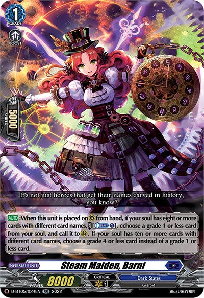 A Double Rare card from the "Cardfight!! Vanguard" game, produced by Bushiroad, features a character named "Steam Maiden, Barni." She has red hair, wears a steampunk costume with a top hat, and wields a mechanical staff. With stats including a grade of 1, 8000 power, and 1 critical, she appears in the set "Triumphant Return of the Brave Heroes" as card D-BT05/024EN.