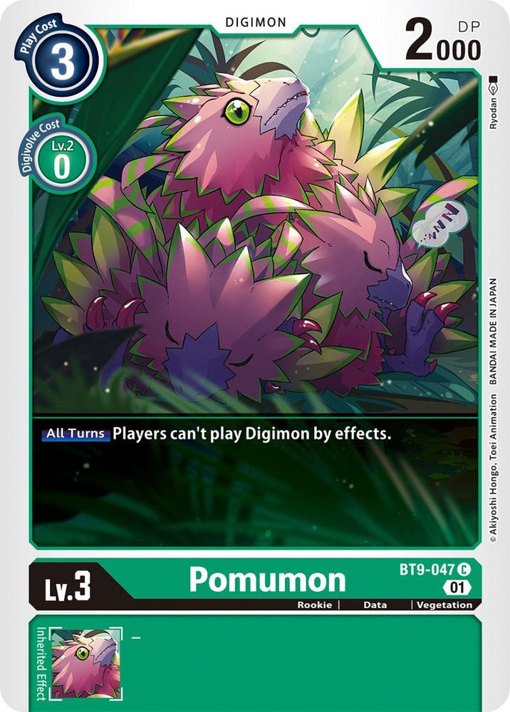 Here is a rewritten version of the sentence using the given product data:

"A Digimon card for the Rookie Pomumon [BT9-047] [X Record] from the Digimon card game. The card displays a green and pink bird-like creature resting in foliage. It has stats of 'Play Cost: 3,' 'Evolution Cost: 0,' and '2,000 DP.' The card effect reads, 'All Turns: Players can't play Digimon by effects.'