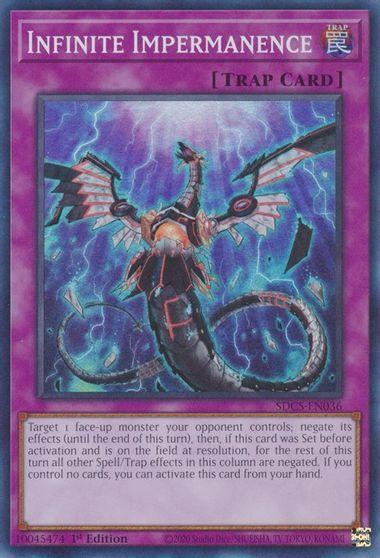 An image of the Yu-Gi-Oh! card Infinite Impermanence [SDCS-EN036] Super Rare. It depicts a dragon-like serpent with red accents coiled in a lightning storm, emitting purple energy bolts. This Super Rare card is part of the Cyber Strike set and is a 1st Edition Normal Trap Card, numbered SDSC-EN036.