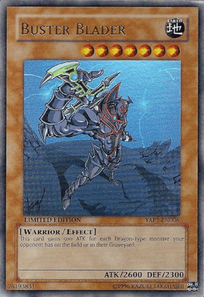 A "Yu-Gi-Oh!" trading card featuring "Buster Blader [YAP1-EN006] Ultra Rare." The card's background showcases a blue, rocky, mountainous landscape. The warrior is armored in dark gear with red accents and wields a glowing sword. Card details include: Limited Edition, YAP1-EN006, ATK 2600, DEF 2300.