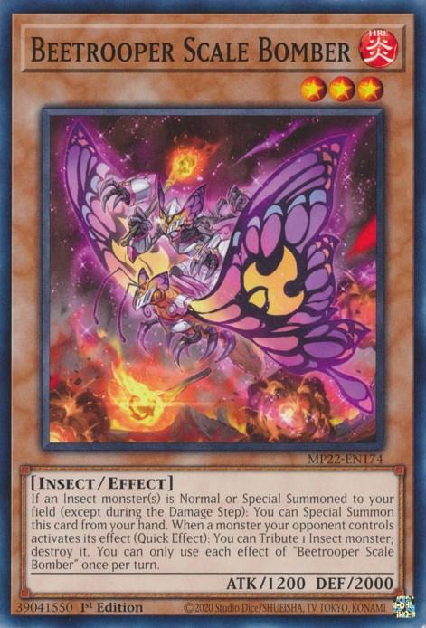 An image of the Yu-Gi-Oh! card "Beetrooper Scale Bomber [MP22-EN174] Common," featured in the 2022 Tin of the Pharaoh's Gods. This purple insect warrior with red wings wields a glowing yellow blade. With 1200 ATK and 2000 DEF, this Effect Monster can be special summoned and is capable of destroying an opponent's monster.