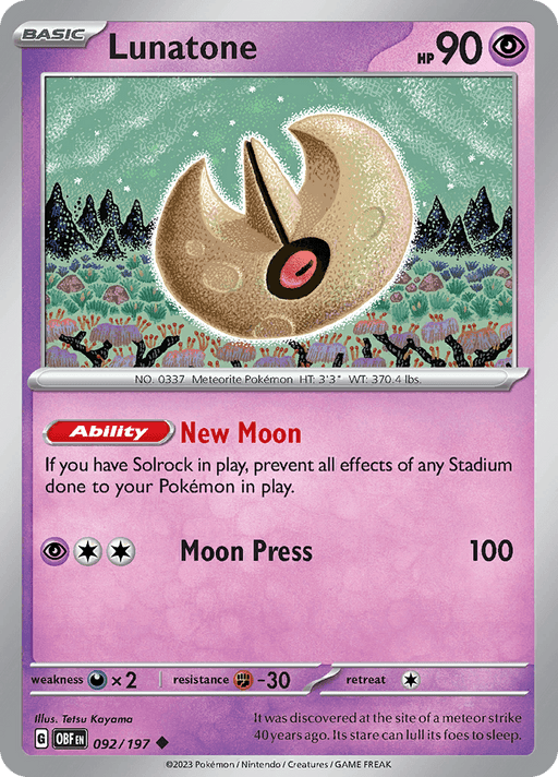 A Pokémon trading card featuring Lunatone (092/197) [Scarlet & Violet: Obsidian Flames] from the Pokémon series. Lunatone is a beige, crescent-shaped Psychic Pokémon with red eyes and black pupils. The card has 90 HP and its abilities are "New Moon" and "Moon Press." The background shows a mountainous landscape under a starry night sky.