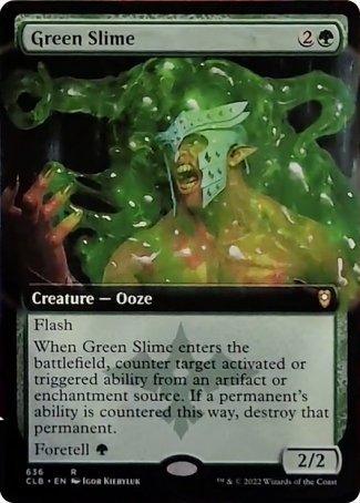 A Magic: The Gathering card from the Commander Legends: Battle for Baldur's Gate series named "Green Slime (Extended Art) [Commander Legends: Battle for Baldur's Gate]” features artwork of a monstrous green ooze engulfing a warrior in armor at Baldur's Gate. Text on the card describes its abilities, including "Flash," countering activated or triggered abilities from artifacts or enchantments, and destroying the permanent if its ability is countered. The card has a power/toughness