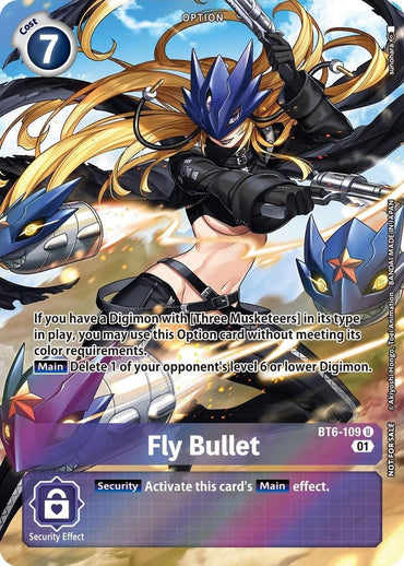 The image shows the "Fly Bullet [BT6-109]" card from the Digimon trading card game, part of the Double Diamond Promos in the Premium Deck Set. It depicts a character with blue armor, long flowing blonde hair, and twin guns attacking. The card text allows for deleting an opponent's level 6 or lower Digimon if a specific condition is met. It has a cost of 7.