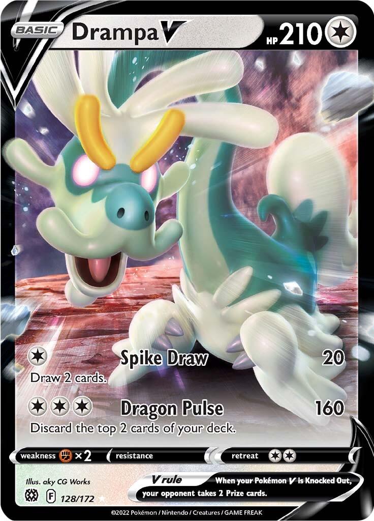 A Drampa V (128/172) [Sword & Shield: Brilliant Stars] from Pokémon depicts a dragon-like creature with clouds on its head and tail, emitting a soft glow. As an Ultra Rare card, it has HP 210 and features two moves: Spike Draw (20 damage, draw 2 cards) and Dragon Pulse (160 damage, discard the top 2 cards of your deck).