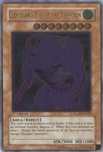 A "Yu-Gi-Oh!" trading card titled "Cloudian - Eye of the Typhoon [GLAS-EN005] Ultimate Rare" from Gladiator's Assault. This 1st Edition card showcases a purple-blue humanoid monster with a large central eye and brown-orange orbs along the top. Its text box details Aqua/Effect abilities, boasting an attack of 3000 and defense of 1000.