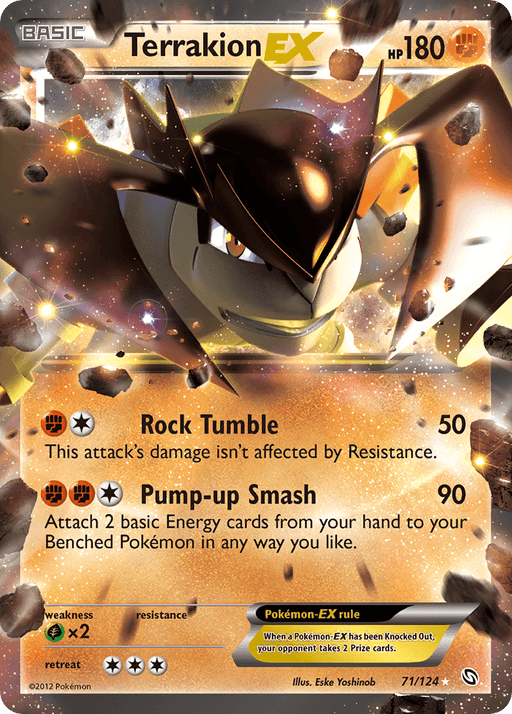 The image is of a Terrakion EX (71/124) [Black & White: Dragons Exalted] from the Pokémon series. This Rock and Fighting-type Pokémon card boasts 180 HP and includes the moves Rock Tumble (50 damage) and Pump-up Smash (90 damage). Terrakion is depicted in an action pose with rocky background elements and glowing effects.