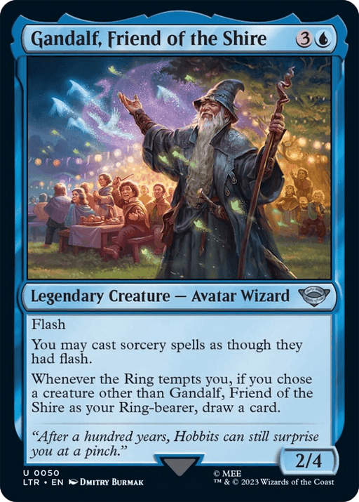 A Magic: The Gathering card depicting Gandalf, Friend of the Shire [The Lord of the Rings: Tales of Middle-Earth]. This legendary blue Avatar Wizard, with 2/4 stats, costs 3 colorless and 1 blue mana. Abilities include Flash and drawing a card if another creature chosen as Ring-bearer is present. Gandalf is illustrated in