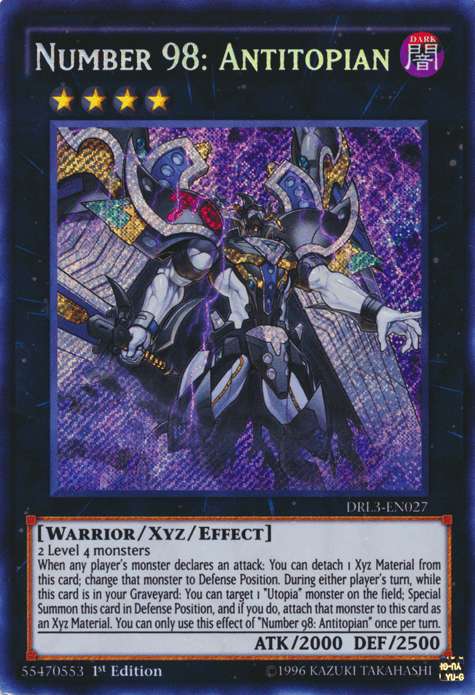 A Yu-Gi-Oh! trading card titled "Number 98: Antitopian [DRL3-EN027] Secret Rare," featured in Dragons of Legend: Unleashed, showcasing a dark, armored warrior surrounded by purple and blue energy. This Secret Rare Rank 4 Xyz Monster with 2000 ATK and 2500 DEF is labeled as a "WARRIOR / Xyz / Effect" monster and has detailed.