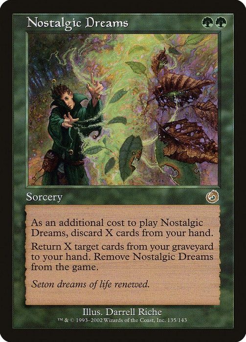 A Magic: The Gathering card titled "Nostalgic Dreams [Torment]" with green borders and a forest symbol in the top right corner. The artwork depicts a wizard emitting swirling green magical energy towards an open book, with vines and leaves springing from the book, symbolizing its graveyard sorcery abilities.