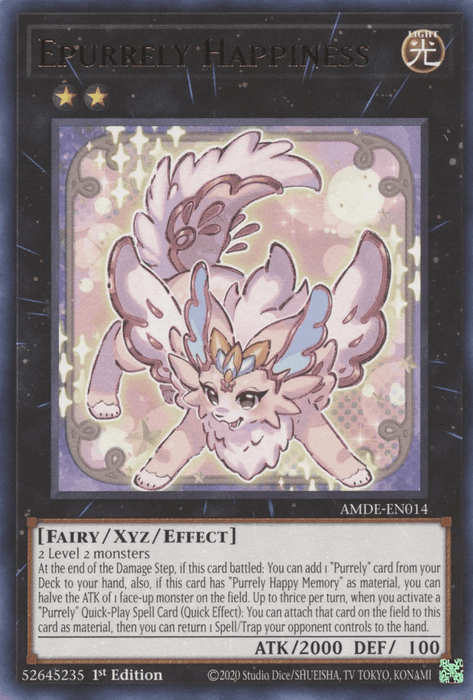 A Yu-Gi-Oh! card named "Epurrely Happiness [AMDE-EN014] Rare" from the Amazing Defenders set. This whimsical, pink cat-like Xyz/Effect Monster boasts large blue eyes, fairy wings, and a crystalline headdress. Standing on its hind legs, it flaunts stats of ATK/2000 DEF/100 under the Fairy type.