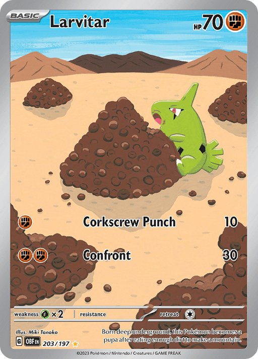 A Pokémon card features Larvitar, a Fighting Type, depicted in a rocky, brown terrain with several dirt mounds. Larvitar is green with red eyes and a diamond-shaped opening on its belly. This Illustration Rare from Pokémon [Scarlet & Violet: Obsidian Flames] shows its HP as 70, and its moves are "Corkscrew Punch" with 10 damage and "Confront" with

Larvitar (203/197) [Scarlet & Violet: Obsidian Flames].