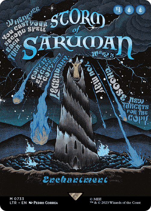 A product titled "Storm of Saruman (Borderless Poster) [The Lord of the Rings: Tales of Middle-Earth]" from Magic: The Gathering depicts a dark, jagged tower against a stormy sky with lightning bolts. Text in varying fonts and sizes surrounds the image. The bottom of the poster includes game elements and credits. The style is dramatic, using dark blues and blacks with a mystical theme, evoking enchantment from The Lord of the Rings.
