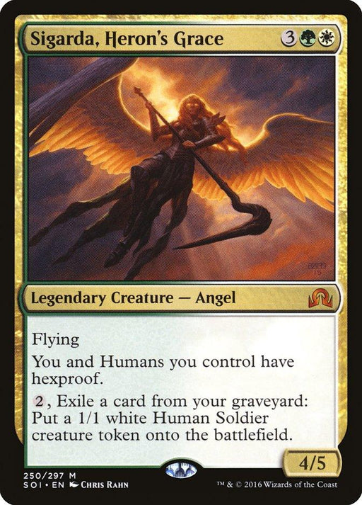 The image is a Magic: The Gathering card titled "Sigarda, Heron's Grace [Shadows over Innistrad]" from Magic: The Gathering. It features an angelic figure with wings and a glowing sword flying in a dramatic sky. This Legendary Creature – Angel has stats of 4/5, Flying, hexproof for you and humans, and a token generation ability.