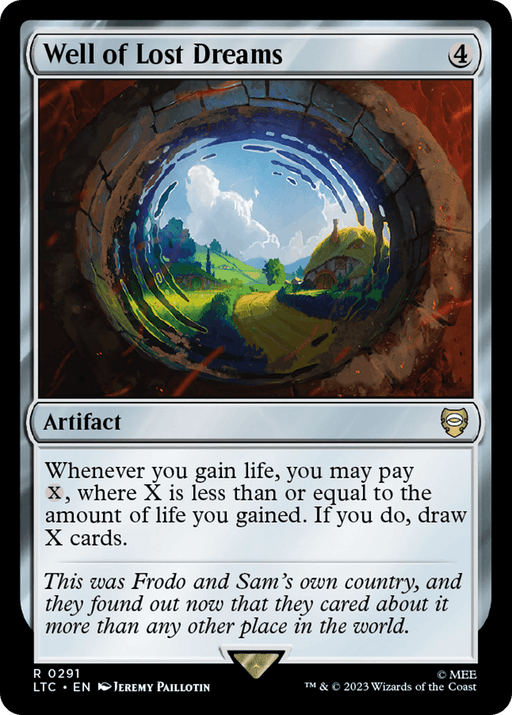 A "Magic: The Gathering" card named "Well of Lost Dreams [The Lord of the Rings: Tales of Middle-Earth Commander]" is depicted. The illustration shows a circular stone well with a view of a scenic, lush landscape reminiscent of Middle-Earth, featuring trees and blue skies. This Artifact's text describes a life gain ability and drawing cards. The artist credited is Jeremy Paillotin.