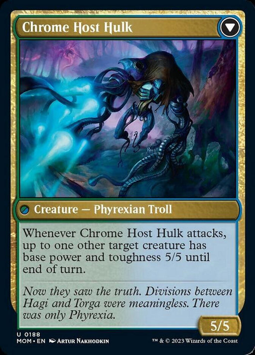 A fantasy card from Magic: The Gathering named "Gnottvold Hermit // Chrome Host Hulk [March of the Machine]" showcases dark cyan artwork of a grotesque creature with multiple arms and tendrils. This green-blue 5/5 Phyrexian Troll has a special ability to make another creature a 5/5 until end of turn, alongside flavor text about Hagi and Torga.