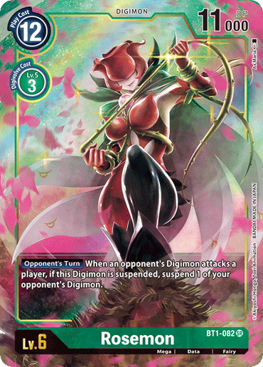 A Rosemon [BT1-082] (Alternate Art) trading card from the Digimon Release Special Booster Ver.1.0, featuring a Super Rare level 6 mega virus-type Digimon with a 12 play cost and 11,000 DP. The card's vibrant background swirls with green and pink colors as Rosemon holds a thorny whip, complete with an opponent’s turn effect.