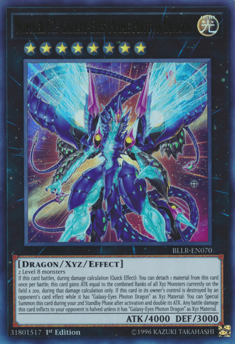 A Yu-Gi-Oh! trading card titled "Number 62: Galaxy-Eyes Prime Photon Dragon [BLLR-EN070] Ultra Rare," an Ultra Rare Level 8 Xyz/Effect Monster. The card showcases a powerful dragon cloaked in dark armor, glowing blue eyes, and multiple star symbols above. With 4000 ATK and 3000 DEF, it boasts various formidable effects.