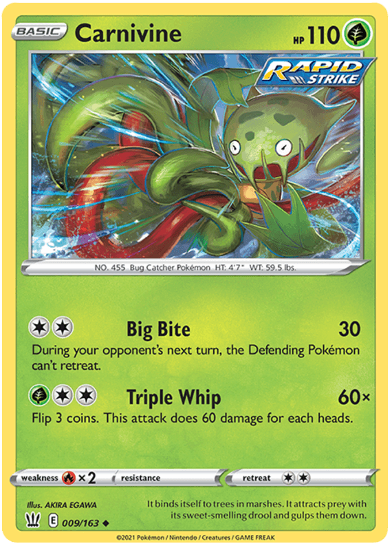 A Pokémon trading card depicting Carnivine (009/163) [Sword & Shield: Battle Styles], a green, Venus flytrap-like Grass Type Pokémon with blue eyes, sharp teeth, and red-tipped vines. It has 110 HP and is labeled 