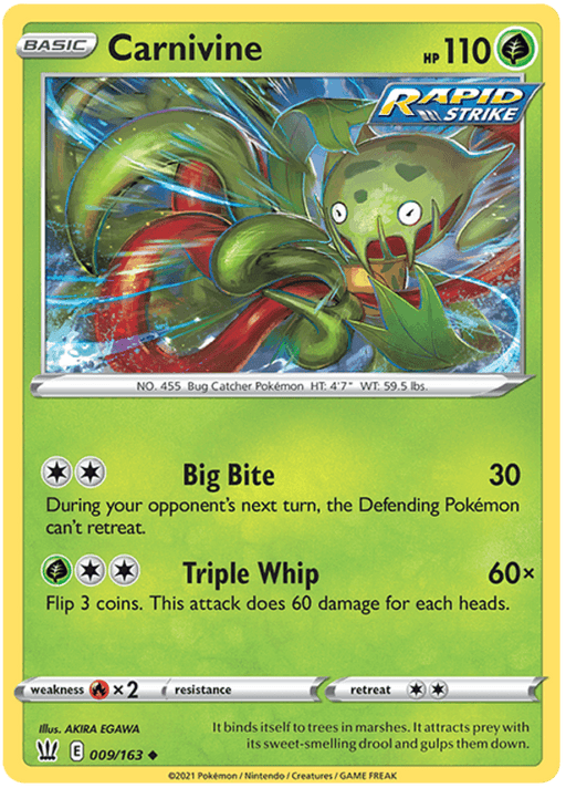 A Pokémon trading card depicting Carnivine (009/163) [Sword & Shield: Battle Styles], a green, Venus flytrap-like Grass Type Pokémon with blue eyes, sharp teeth, and red-tipped vines. It has 110 HP and is labeled "Rapid Strike" and "Uncommon rarity." Featured in Sword & Shield: Battle Styles, it details the attacks "Big Bite" and "Triple Whip.