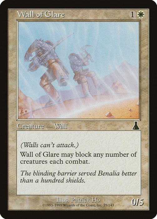 The Magic: The Gathering product Wall of Glare [Urza's Destiny] showcases two armored soldiers shielding themselves from a blinding light amid a raging sandstorm. As a Creature Wall, it costs 1 white mana, boasts a toughness of 5, and cannot attack.