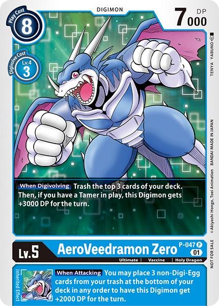 A Digimon Promo trading card featuring AeroVeedramon Zero [P-047] [Promotional Cards], a Holy Dragon-type creature with blue and white armor and claws. The card boasts 7000 DP, requires 8 play cost, and includes special abilities like gaining DP when digivolving or attacking. The blue borders highlight its detailed game stats.