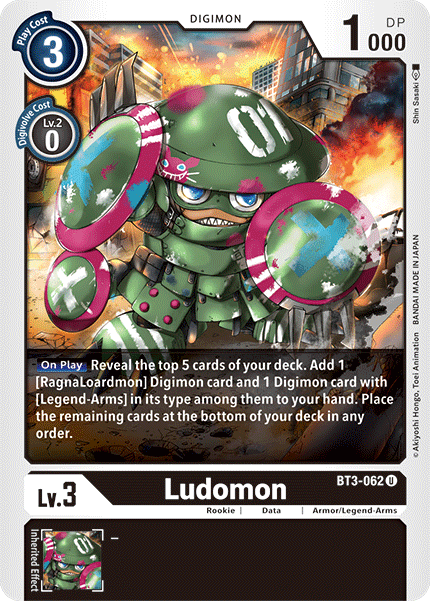 This Digimon Ludomon [BT3-062] [Release Special Booster Ver.1.5], part of the Release Special Booster Ver.1.5 set, features a blue cost of 3 in the top left, 1,000 DP in the top right, and Level 3 in the bottom left. Ludomon is depicted as a green armored Digimon with red shield-like appendages and additional stats detailed on the card.
