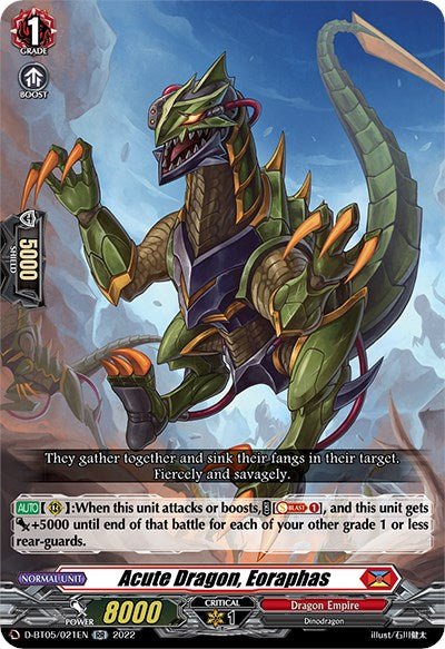 A Double Rare trading card from Bushiroad featuring the Acute Dragon, Eoraphas (D-BT05/021EN) [Triumphant Return of the Brave Heroes] from the Dragon Empire. The dragon is decked out in green with red and yellow armor, possessing sharp claws and a long tail. It boasts stats including 8000 power, 5000 shield, grade 1, and critical 1. The background showcases mountains under a fierce sky, accompanied by flavor text from "Triumphant Return of the Brave Heroes.