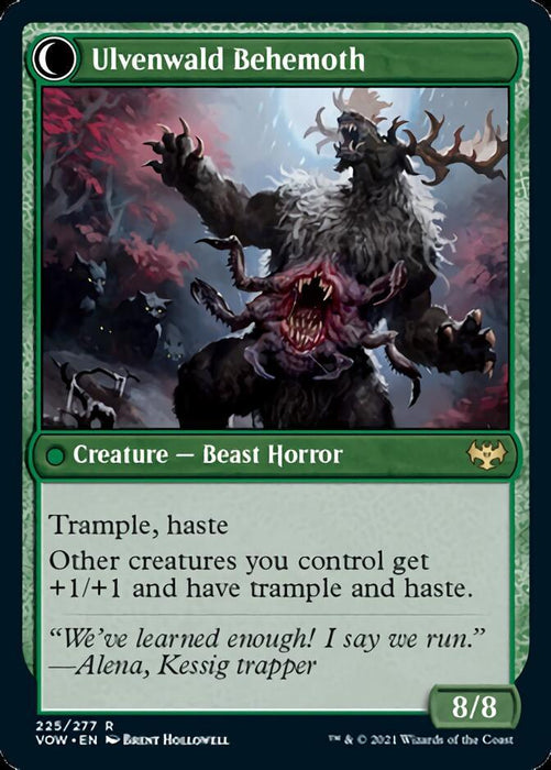 The image depicts a Magic: The Gathering card named "Ulvenwald Oddity // Ulvenwald Behemoth" from Innistrad: Crimson Vow. It features a massive, monstrous Beast Horror with two heads, antler-like horns, and sharp claws. The green card has a power and toughness of 8/8 and includes the abilities Trample and Haste.