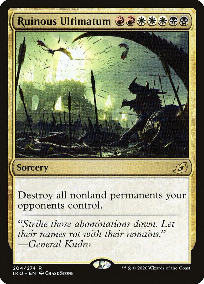 A Magic: The Gathering card named Ruinous Ultimatum [Ikoria: Lair of Behemoths] from the Magic: The Gathering set. The card illustration shows a desolate battlefield with large skeletal remains. The card text reads, 