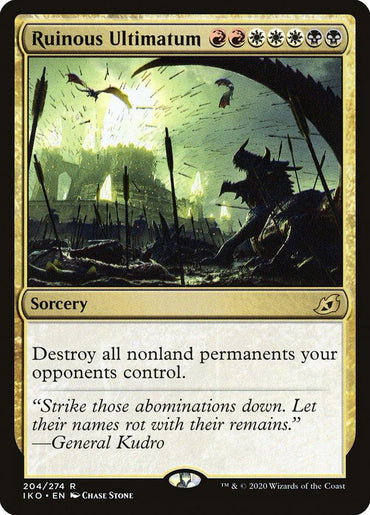 A Magic: The Gathering card named Ruinous Ultimatum [Ikoria: Lair of Behemoths] from the Magic: The Gathering set. The card illustration shows a desolate battlefield with large skeletal remains. The card text reads, "Destroy all nonland permanents your opponents control." This rare sorcery features red, white, and black mana symbols.