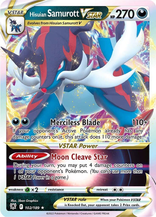 A Hisuian Samurott VSTAR (102/189) [Sword & Shield: Astral Radiance] from Pokémon displays 270 HP. The dark and red-colored Pokémon is striking an aggressive pose. This Ultra Rare card highlights its abilities: "Merciless Blade," "Moon Cleave Star," and typical stats and energy types.