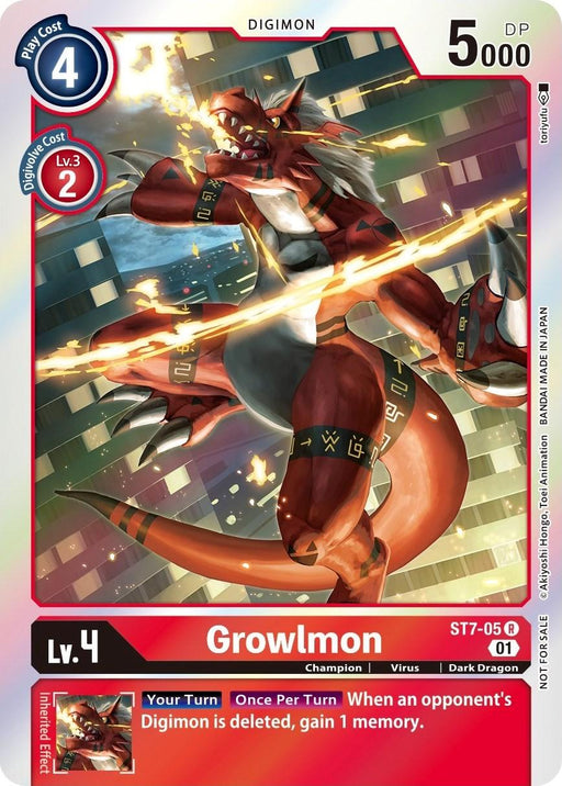 Introducing the Digimon promo card, Growlmon [ST7-05] (Gen Con 2022) from the Starter Deck: Gallantmon Promos series. Growlmon is a red dragon-like creature accented with yellow markings and metallic arm bands, depicted in a dynamic pose. The card's stats include a play cost of 4, Digivolve cost of 2, and 5000 DP. Its foil finish highlights its exclusivity from the Gen Con 2022 collection.