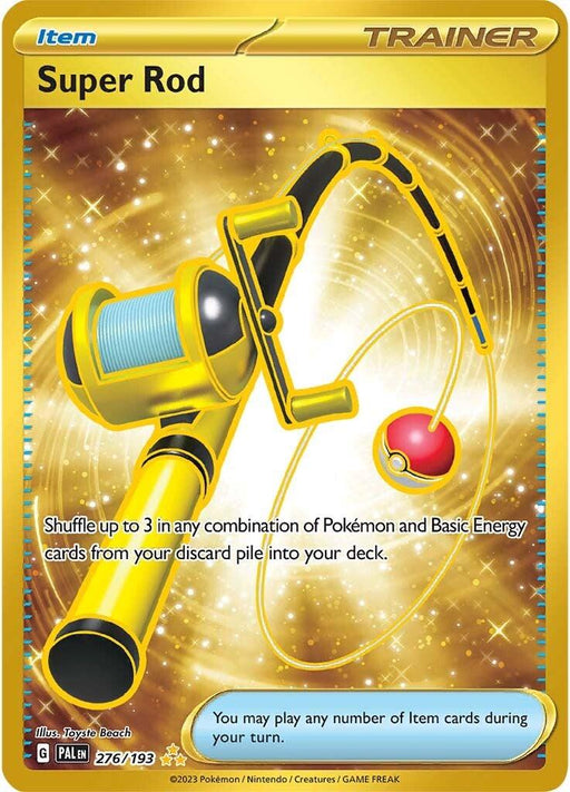 The image features the Pokémon Item card "Super Rod (276/193) [Scarlet & Violet: Paldea Evolved]" from the Paldea Evolved set. It displays a stylized fishing rod with a blue reel and a red-and-white Poké Ball dangling from the line, resembling a Hyper Rare card. The text reads, "Shuffle up to 3 in any combination of Pokémon and Basic Energy cards from your discard pile into your deck.
