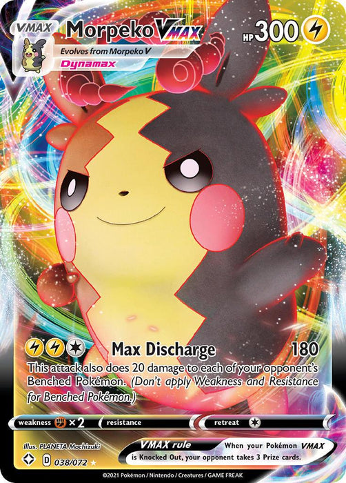 Illustration of the Morpeko VMAX (038/072) [Sword & Shield: Shining Fates] Pokémon card from Pokémon. The card features a vibrant design of Morpeko in its Hangry Mode with yellow and purple Lightning sparks. With 300 HP, its move "Max Discharge" deals 180 damage and also hits benched opponents, evolving from Morpeko V with a Dynamax feature.