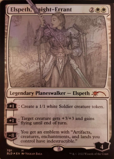 Here is a revised version of the sentence using the given product data:
A Magic: The Gathering card from the Secret Lair Drop Promos series titled "Elspeth, Knight-Errant (Sketch)." This Legendary Planeswalker card illustrates a female knight adorned in ornate armor, wielding a spear. Her abilities include creating a 1/1 Soldier token, bestowing +3/+3 and flying to a creature, and granting an emblem that makes artifacts, creatures, enchantments, and lands indestructible.