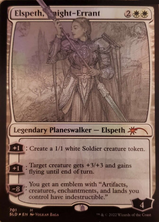 Here is a revised version of the sentence using the given product data:
A Magic: The Gathering card from the Secret Lair Drop Promos series titled "Elspeth, Knight-Errant (Sketch)." This Legendary Planeswalker card illustrates a female knight adorned in ornate armor, wielding a spear. Her abilities include creating a 1/1 Soldier token, bestowing +3/+3 and flying to a creature, and granting an emblem that makes artifacts, creatures, enchantments, and lands indestructible.