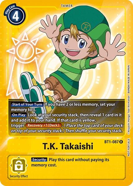 The image is a Digimon card from the Official Tournament Pack Vol.3 set, featuring "T.K. Takaishi [BT1-087] (Release Special Booster Promos)" with card number BT1-087. The rare rarity card has a play cost of 4 and includes text instructions on a yellow background. An illustration of a cheerful boy in green clothes and a hat is present, and it has a security effect.