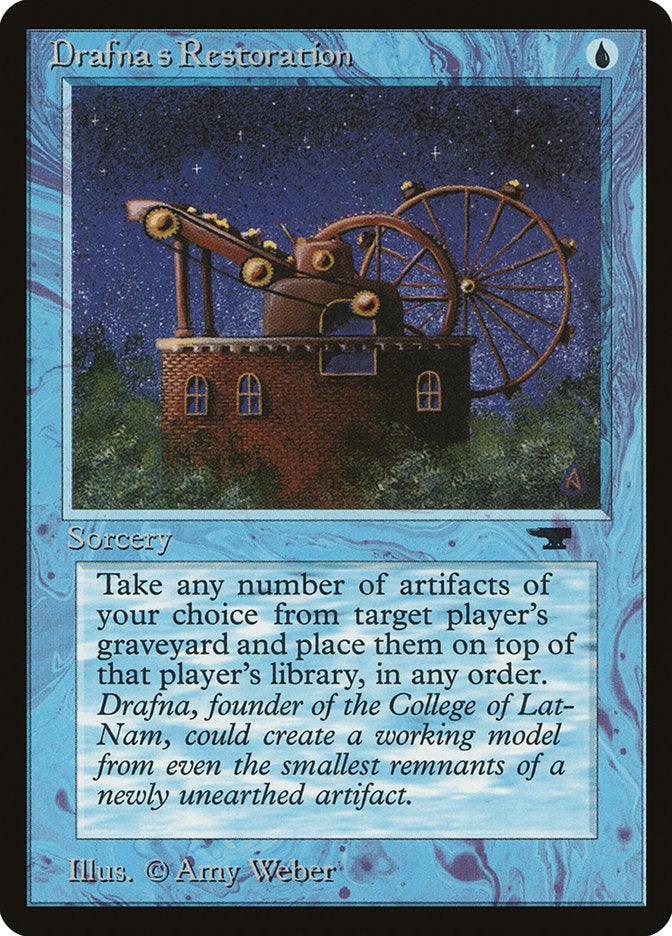 Introducing "Drafna's Restoration" from Magic: The Gathering's Antiquities set. This card showcases an illustrated artifact machine adorned with gears and a telescope set against a starry night sky. It features a distinctive blue border with a water droplet icon and the text below elaborates on its sorcery ability, credited to Drafna, founder of the College of Lat-Nam. The artwork is crafted by Amy Weber.