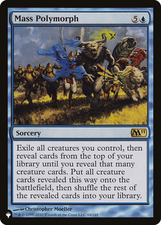 A rare Magic: The Gathering card titled "Mass Polymorph [The List]," featuring artwork of chaotic transformations in a mystical forest. With a blue border, this sorcery costs 5 colorless mana and 1 blue mana. Its text describes how it will exile all creatures before revealing new ones from your deck.