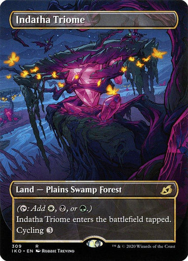 Magic: The Gathering card titled "Indatha Triome (Showcase) [Ikoria: Lair of Behemoths]" from Magic: The Gathering. This Rare Land - Plains Swamp Forest adds white, black, or green mana. The art depicts a mystical landscape with vibrant flora and glowing crystals. The card features the cycling ability for 3 mana.