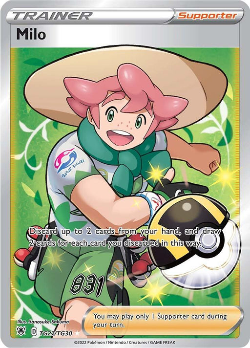 A Pokémon Milo (TG27/TG30) [Sword & Shield: Astral Radiance] card from Pokémon featuring Milo. He is depicted with pink hair, wearing a green scarf, a white shirt, and a large straw hat. Milo is smiling and riding a bicycle. The card's text indicates his ability to discard and draw cards. The background includes a sunny, colorful setting.