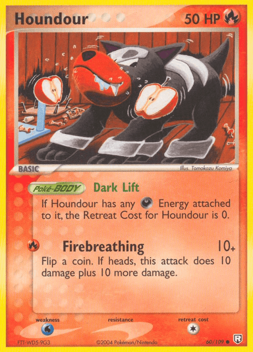 Image of a Houndour (60/109) [EX: Team Rocket Returns] Pokémon trading card. Houndour, a black canine with red eyes and a red snout, stands in a wooden room with picture frames on the wall. This common card has 50 HP and features abilities "Dark Lift" and "Firebreathing." The background is red and orange.
