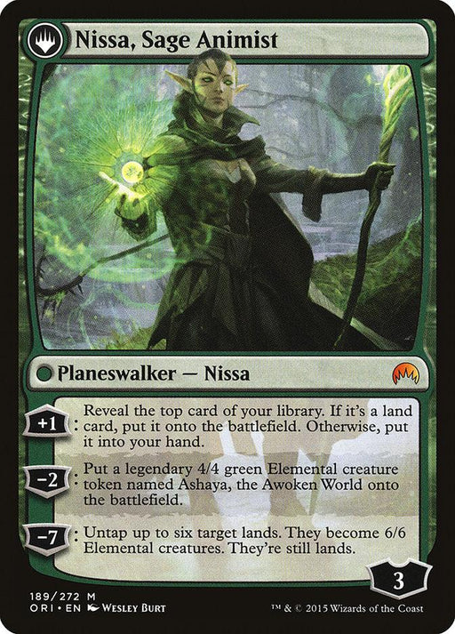 The image shows a Magic: The Gathering card from Magic Origins titled "Nissa, Vastwood Seer // Nissa, Sage Animist [Magic Origins]," featuring Nissa in green attire holding a glowing sphere. This Planeswalker card has abilities requiring loyalty counters: revealing the top card of your library (+1) and creating a legendary 4/4 green Elemental creature token (-2).