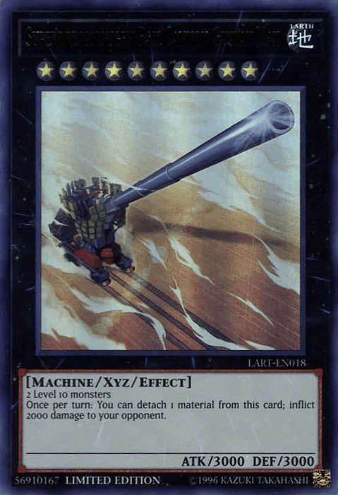 The Yu-Gi-Oh! trading card Superdreadnought Rail Cannon Gustav Max [LART-EN018] Ultra Rare features a mechanized cannon on tank treads against a dynamic background. This formidable Xyz/Effect Monster boasts 3000 ATK and 3000 DEF and requires 2 Level 10 monsters. Its powerful effect allows you to detach one material to inflict 2000 damage to your opponent once per turn.