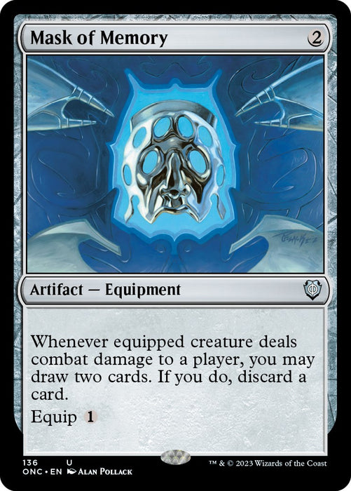 The image showcases the Magic: The Gathering card "Mask of Memory [Phyrexia: All Will Be One Commander]," a staple in many Commander decks. It has a silver border and blue highlights, featuring a mystical blue mask emitting a glowing aura. This Artifact Equipment, costing 2 mana, allows the player to draw 2 cards and discard 1 when the equipped creature deals combat damage. The equip cost is 1 mana.