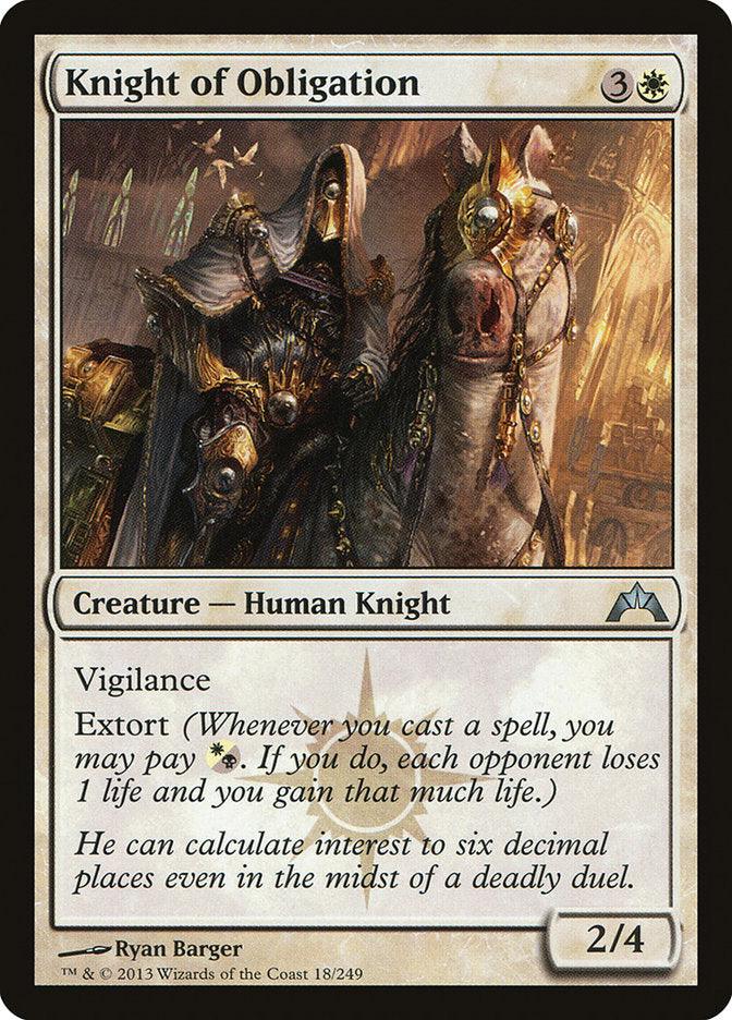 The Magic: The Gathering card, "Knight of Obligation [Gatecrash]," showcases a Creature — Human Knight dressed in dark armor with a hood, wielding a sword, and mounted on a white horse. This card requires 3 colorless and 1 white mana to cast. It features vigilance and extort abilities, with stats of 2 attack and 4 defense. ©Wizards of the Coast.